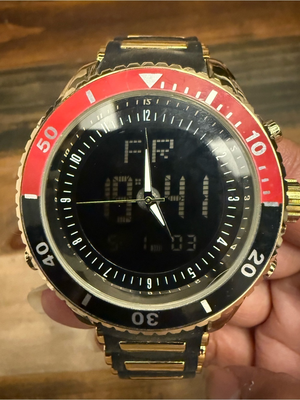 Men's Black & Gold Quartz Wristwatch - Analog & Digital Display, Rubber Band